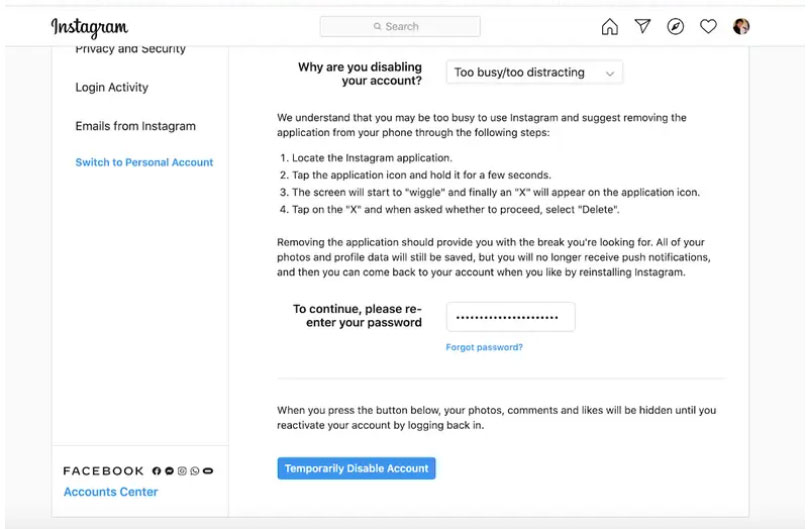 حذف موقت اکانت اینستاگرام